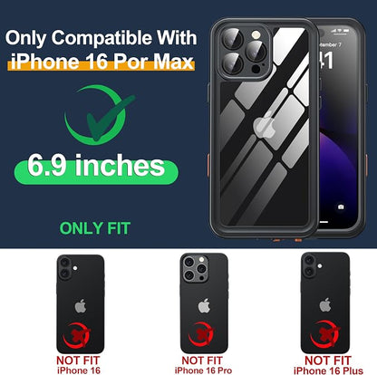ANTSHARE for iPhone 16 Pro Max Case Waterproof, IP68 Underwater Built-in Lens & Screen Protector, [Full Body Shockproof] [Dustproof] [Snowproof] Protective iPhone 16 Pro Max Case 6.9'' - Black/Clear