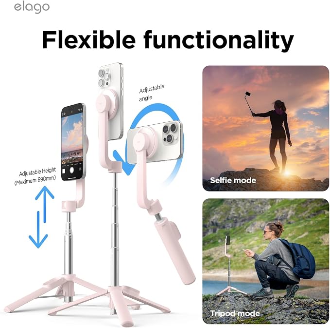 elago Magnetic Selfie Stick Tripod Compatible with MagSafe for iPhone and Galaxy, Strong Magnetism, Portable, Lightweight, Extendable [Pouch, Bluetooth Remote, Guide Sticker Included] [Lovely Pink]