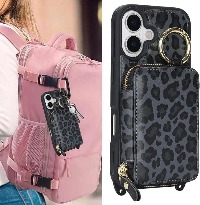 Crossbody Wallet Case for iPhone 17, PU Leather Zipper Handbag Purse Flip Cover, Kickstand Folio Case with Card Slots Holder Wrist Strap Lanyard 5G 6.3 Inch-Black Leopard
