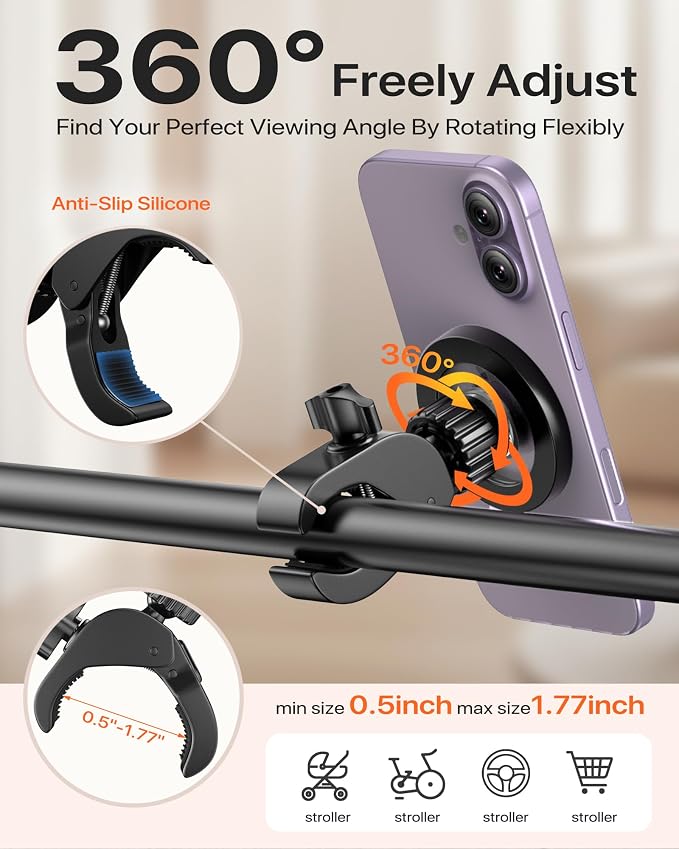 Magnetic Phone Holder Clamp Mount:[24*N55 Magnet & Fit for PopSocket]Rotatable Handlebar Accessories for MagSafe for Stroller,Peloton,Steering Wheel,Push Cart,Treadmill,Fit for iPhone 12-17 Series