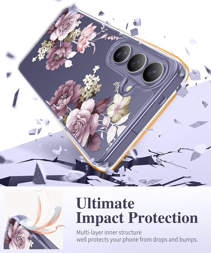 GVIEWIN for Samsung Galaxy S26 Case, Clear Floral Slim Shockproof Protective Women Phone Case, Non-Yellowing, with Screen Protector & Camera Lens Protector for Galaxy S26 6.3", Cherry Blossoms/Purple
