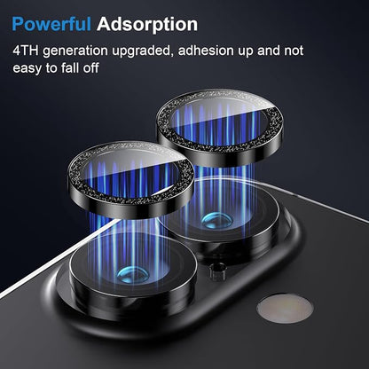 AFARER Camera Lens Protector for iPhone 17/16/16Plus,Individual Metal Cover Ring, 9H Tempered Glass Anti-Scratch,Strong Adsorption & Case Friendly [Does not Affect Night Shots] (Glitter Black)