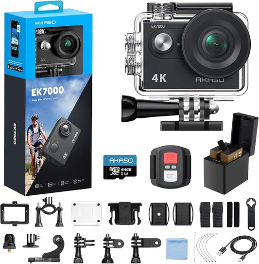 AKASO EK7000 4K30FPS 20MP WiFi Action Camera with 64GB MicroSD Memory Card Bundle EIS Ultra HD 131FT Waterproof Underwater Camera Remote Control 4X Zoom Support External Microphone Black