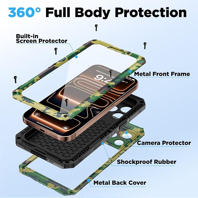 Beasyjoy for iPhone 17 Pro Max Case Waterproof, Heavy Duty Metal Case with Built-in Screen Protector, Full Body Rugged Military Grade Shockproof Dustproof Cover for Construction Outdoor 6.9", Camo