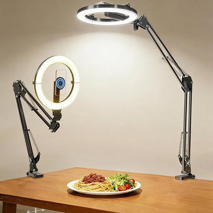 Magnetic Overhead Phone Mount with 10” Ring Light, 5000mAh Flexible Articulating Circle Lamp Table Tripod, iPhone Stand for Video Recording Cooking Nail, Zoom Meeting, Live Streaming Tiktok