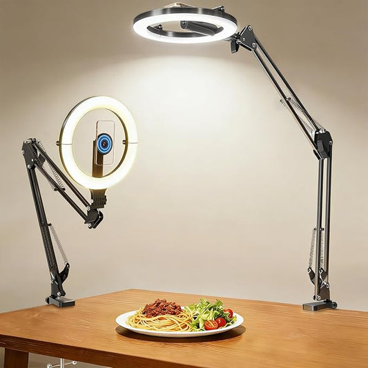 Magnetic Overhead Phone Mount with 10” Ring Light, 5000mAh Flexible Articulating Circle Lamp Table Tripod, iPhone Stand for Video Recording Cooking Nail, Zoom Meeting, Live Streaming Tiktok