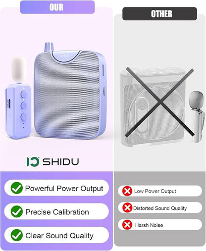 SHIDU 35W Power Voice Amplifier with Bluetooth Wireless Lavalier Microphone, Portable Teacher Mic with Speaker Personal Clip On Microphone System for Teacher Meeting Training-M500 (Purple)