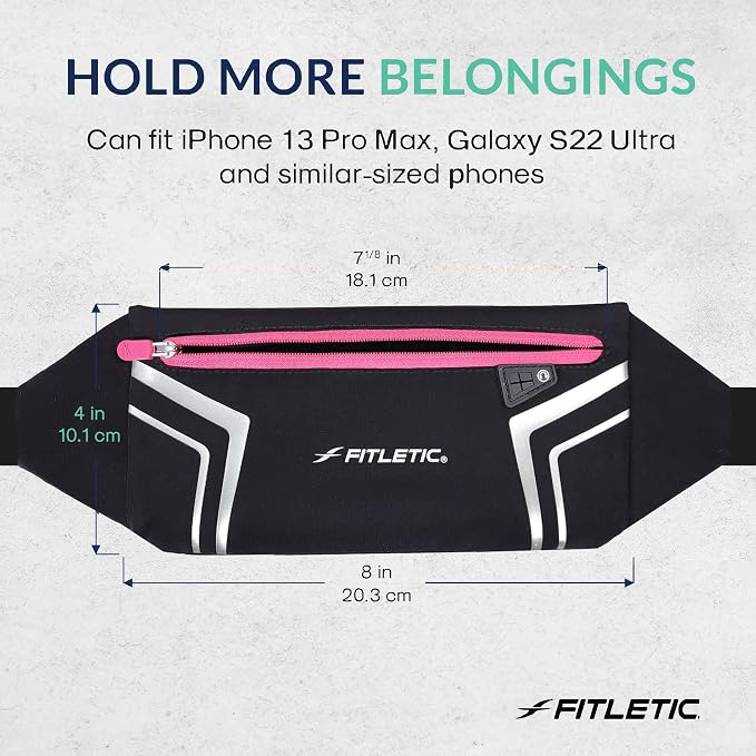 Fitletic Modern Sports Running Belt For Men & Women – Water Resistant Pouch - Fits All Smart Phones- Lightweight, Low Profile Design –Lycra Coated With Inner Card Organizer Pocket Black/Pink Zipper