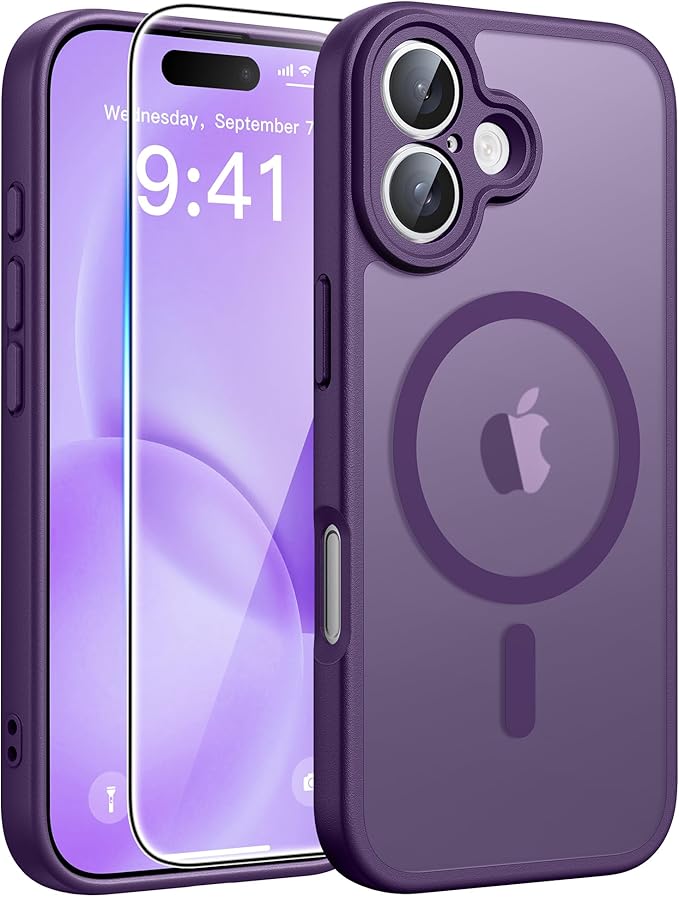 FNTCASE for iPhone 16 Case: [Compatible with Magsafe] Translucent Matte Cases with [Full Camera Protection] [Screen Protector] Military Grade Shockproof Protective Phone Cover - Purple