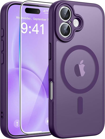 FNTCASE for iPhone 16 Case: [Compatible with Magsafe] Translucent Matte Cases with [Full Camera Protection] [Screen Protector] Military Grade Shockproof Protective Phone Cover - Purple