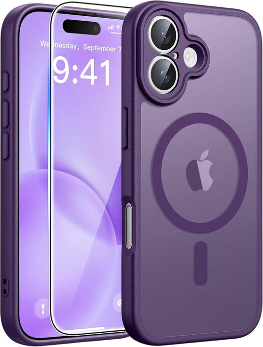 FNTCASE for iPhone 16 Case: [Compatible with Magsafe] Translucent Matte Cases with [Full Camera Protection] [Screen Protector] Military Grade Shockproof Protective Phone Cover - Purple