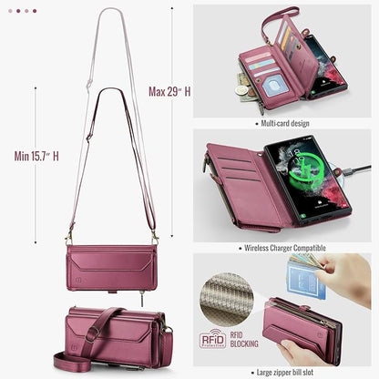 Strapurs Crossbody Wallet Case Compatible with Samsung Galaxy S22 Ultra 5G RFID Blocking 10-Card Holder Soft PU Leather Magnetic Snap Strap Zipper Pocket Phone Case Fit for Galaxy S22 Ultra - Wine Red