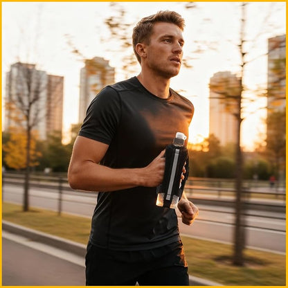 Handheld Running Water Bottle with Large Phone Holder – 12oz Grip-Free Hydration Flask with Pocket for Cards & Keys – Adjustable Strap for Walking, Running, Hiking, Marathons