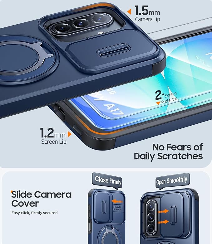 JAME for Samsung Galaxy A17/A16 5G Case, Ring Holder Stand, Slide Camera Cover, 2 Pack Screen Protectors, Dual-Layer Shockproof Protective, Magnetic Accessory Friendly Galaxy A16/A17 4G Case, Blue