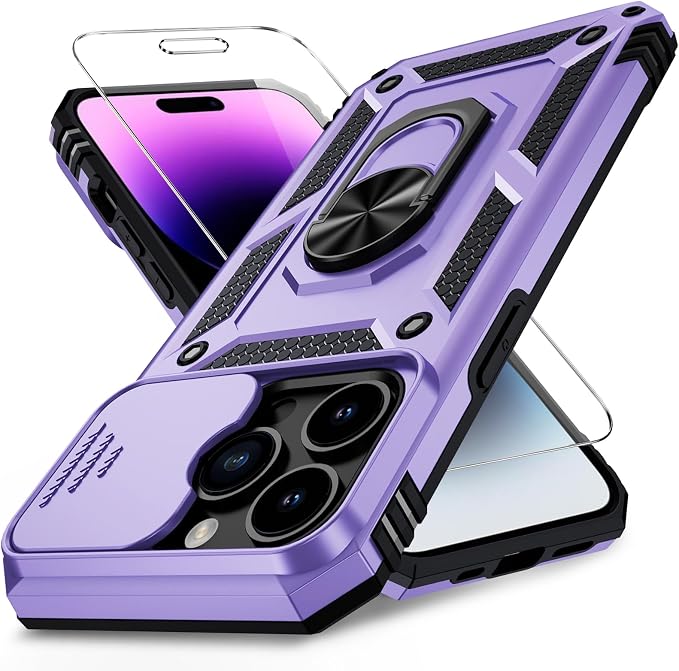 Weycolor for iPhone 14 Pro Max Case with Camera Lens Cover, HD Screen Protector, 10 FT Military Grade Drop Protection, Magnetic Ring Holder Kickstand Protective Phone Case, Lavender