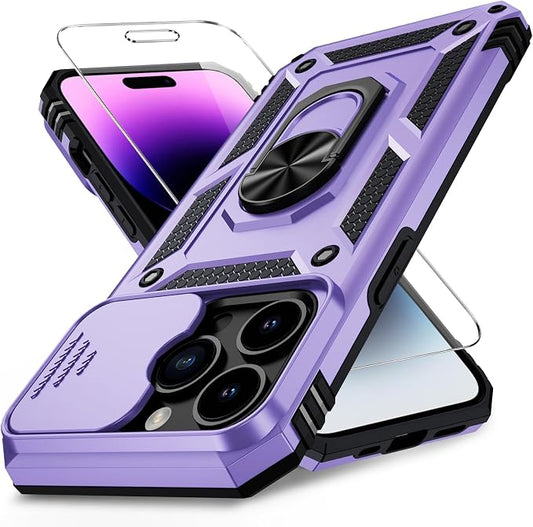 Weycolor for iPhone 14 Pro Max Case with Camera Lens Cover, HD Screen Protector, 10 FT Military Grade Drop Protection, Magnetic Ring Holder Kickstand Protective Phone Case, Lavender