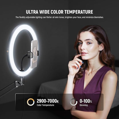 NEEWER 12" 24W High Power LED Ring Light Compatible with iPhone, 60" Overhead Folding Light Stand/Phone Holder Mount for Video Recording Selfie Makeup Streaming, 2900-7000K USB C PD Input CRI97+, RH12