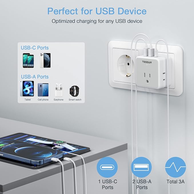 TESSAN All European UK Travel Plug Adapter Kit, International Detachable | 3 Outlets 3 USB Ports (1 USB C), Type C/G/E/F EU Ireland Power Adaptor, US to Europe Italy Spain France Greece