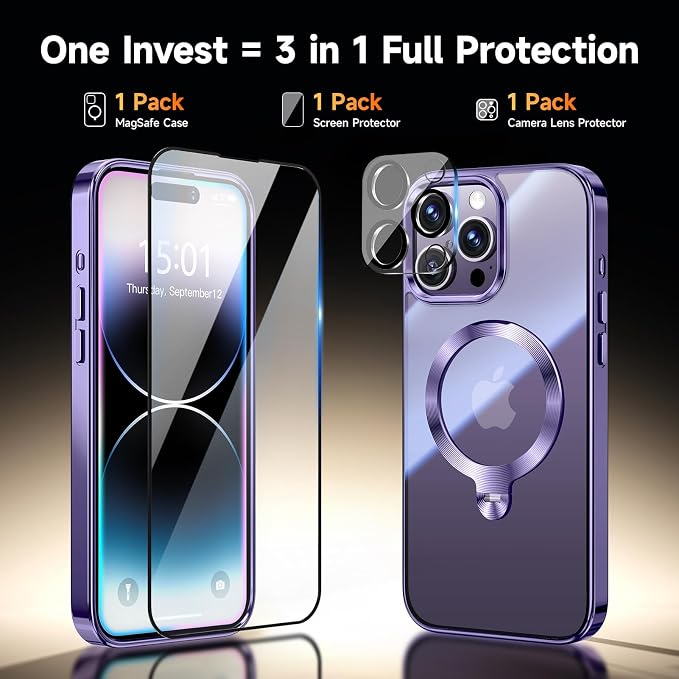 [Tri-Shield Protection] for iPhone 14 Pro Max Case with 360° Spin Stand Compatible with MagSafe [Magnetic CD Ring][Screen & Camera Lens Protector]Shockproof Plating Never-Yellowing, Purple-6.7"