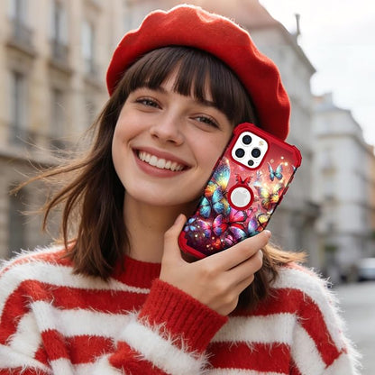 Hocase for iPhone 16 Pro Case 6.3", Heavy Duty Shockproof Protection Soft Silicone Rubber+Hard Plastic Bumpers Hybrid Protective Case for iPhone 16 Pro 2024 - Shimmering Butterflies in Red