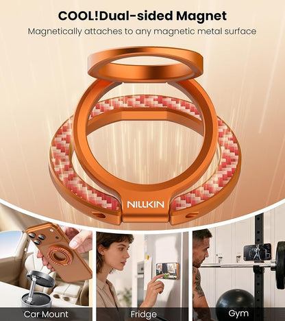 Nillkin MagSafe Phone Grip Ring Holder for Dual-Sided Magnet, Removable Magnetic Phone Ring Holder for iPhone 17/16/Pixel Snap Grip, Carbon Fiber, MagSafe Ring Stand, Accessories for iPhone, Orange ﻿