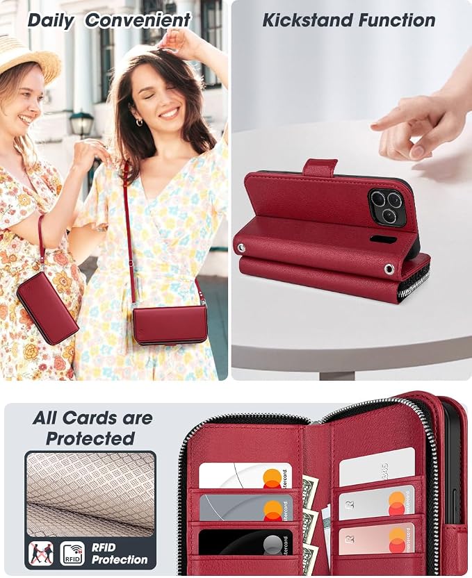 OCASE for iPhone 17 Pro Crossbody Wallet Case - Stylish PU Leather Handbag Phone Purse with Zipper Closure, Card Slots & RFID Blocking - Wrist Strap, Lanyard, Kickstand - Red