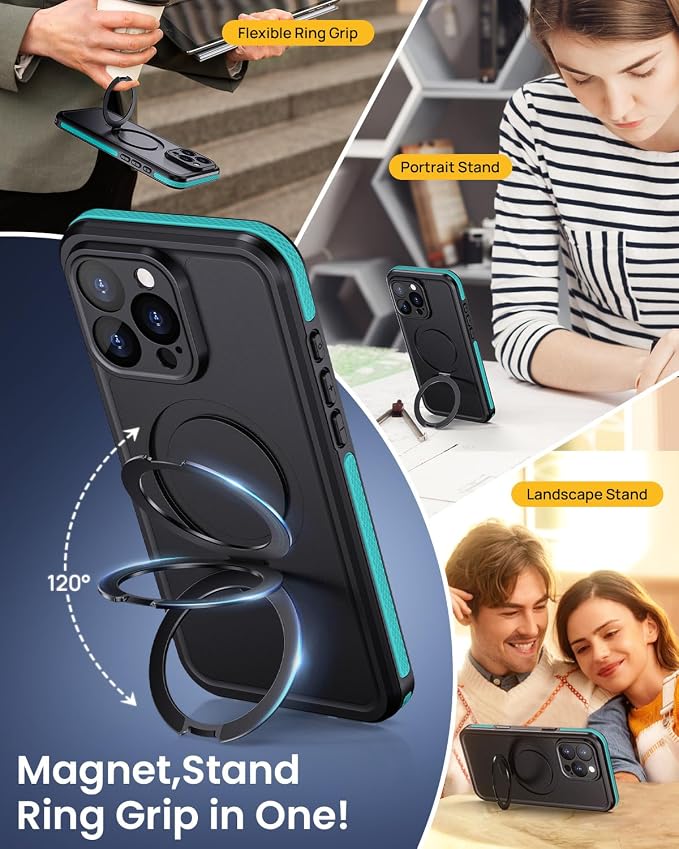 Lanhiem Magnetic for iPhone 16 Pro Max Waterproof Case, Dustproof Case Built-in Screen Protector, [Fit for MagSafe] [Invisible Stand] Shockproof Heavy Duty Underwater Case for 16 Pro Max (Light Blue)