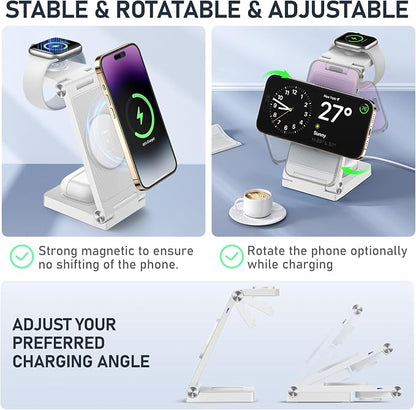 Magnetic Wireless Charger Stand, 3 in 1 Foldable Wireless Charging Station with 20W Adapter, Travel Charger for Multiple Devices for iPhone 17 16 15 14 13 12 Pro/Max/Plus/Mini, iWatch, AirPods