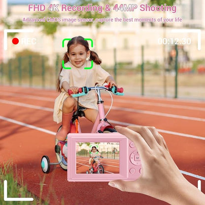 Digital Camera, 4K 44MP Autofocus Point and Shoot Camera with 16X Zoom 2.4" LCD Portable Compact Camera for Kids Teens Boys Girls Adults (Pink)