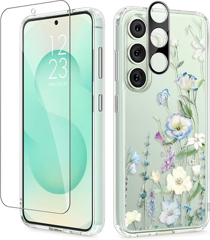 GVIEWIN for Samsung Galaxy S25 Plus Case, Clear Floral Slim Shockproof Protective Women Phone Case, Non-Yellowing, with Screen Protector & Camera Lens Protector for S25 Plus 6.7", Aquilegia/White