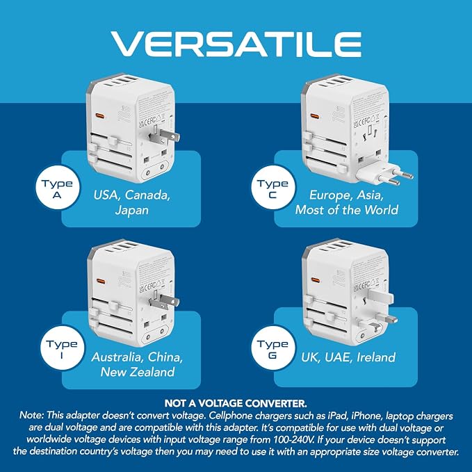 Ceptics 6 in 1 Universal Travel Adapter with PD 70W USB-C and 2X USB-A and 2X USB-C 3A, Universal Charger with QC 3.0 for US/EU/UK/AU, Universal Power Adapter with Type I C G A Outlets | 6 in 1 International Power Adapter for USA, EU, UK, AU & more, Ty...