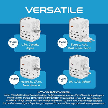 Ceptics 6 in 1 Universal Travel Adapter with PD 70W USB-C and 2X USB-A and 2X USB-C 3A, Universal Charger with QC 3.0 for US/EU/UK/AU, Universal Power Adapter with Type I C G A Outlets | 6 in 1 International Power Adapter for USA, EU, UK, AU & more, Ty...