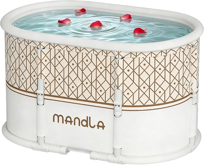 Portable Bathtub, Foldable Bathtub No Installation, Freestanding Shower Bathtubs with Cushion, Collapsible SPA Soaking Bath Tub, Hot & Ice Bath Tub for Indoor Outdoor (White Brown Stripes)