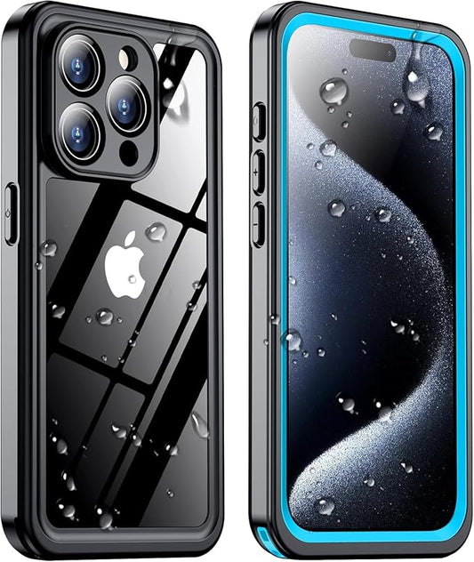 Temdan for iPhone 15 Pro Case Waterproof, [Built-in Screen Protector][IP68 Underwater][15FT Military Dropproof][Dustproof][Real 360] Full Body Shockproof Protective Phone Case 6.1'' - Blue/Clear