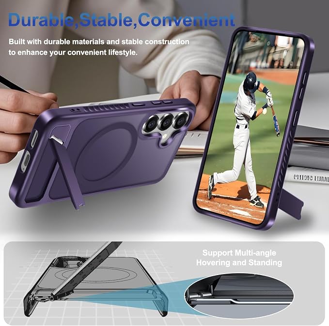 RMOCR for Samsung Galaxy S25 Case with Screen Protector+Lanyard Wrist Strap,Magnetic Translucent Matte Rugged Slim Phone Cover Built in Invisible Kickstand [Fit for MagSafe],2025 Purple