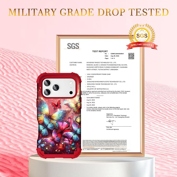 Hocase for iPhone 17 Pro Case 6.3", Heavy Duty Shockproof Protection Soft Silicone Rubber+Hard Plastic Bumpers Hybrid Protective Case for iPhone 17 Pro 2025 - Shimmering Butterflies in Red