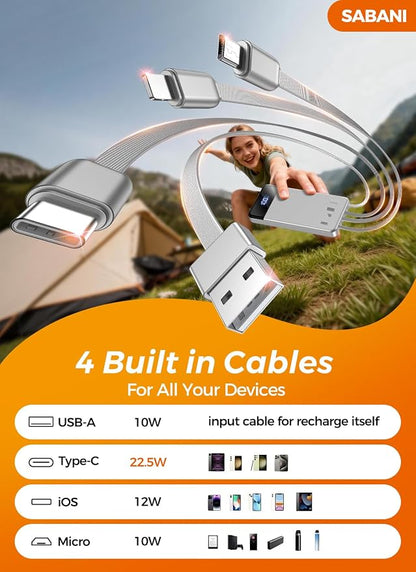 Portable Charger 35000mAh Power Bank - Powerbank with 4 Built in Cables, 22.5W Fast Charging Travel Camping Essential Battery Pack Compatible with iPhone 17 16 15 14 13 Samsung Google, 1 Pack, Silver