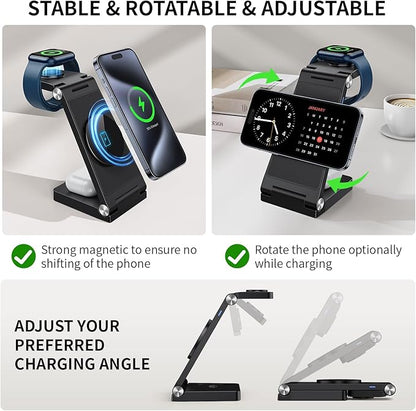 RYND 2026 Traveling Wireless Mag-Safe Fast Charging Station,Magnetic 3 in 1 Charger with Light for iPhone 16 15 14 13 12 Pro Max Plus,Apple Watch Series & Air pods 4 3 2 Pro-Gifts for Wife & Husband