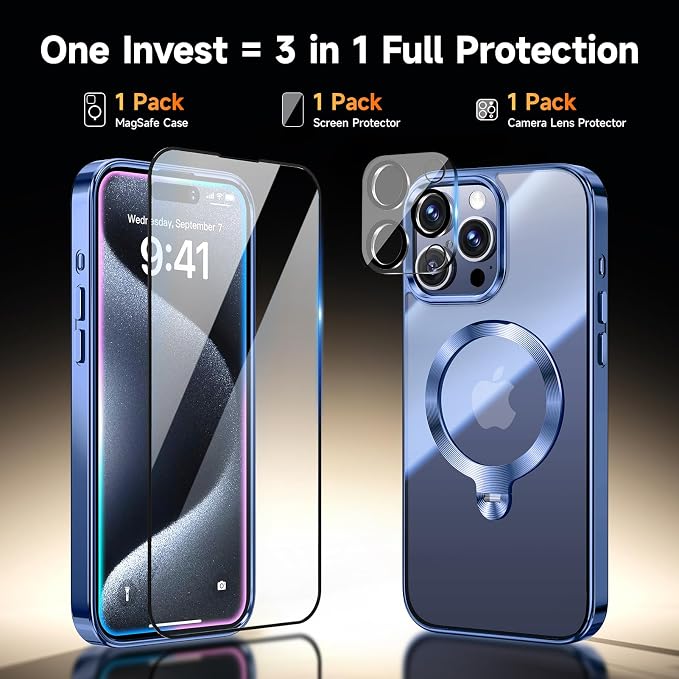 [Tri-Shield Protection] for iPhone 15 Pro Case with 360° Spin Stand Compatible with MagSafe [Magnetic CD Ring] [Screen & Camera Lens Protector] Shockproof Plating Never-Yellowing, Blue-6.1"