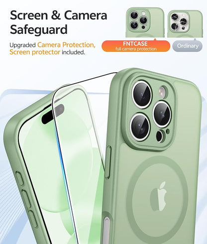 FNTCASE for iPhone 16 Pro Max Case: [Compatible with Magsafe] Translucent Matte Cases with [Full Camera Protection] [Screen Protector] Military Grade Shockproof Protective Phone Cover - Light Moss
