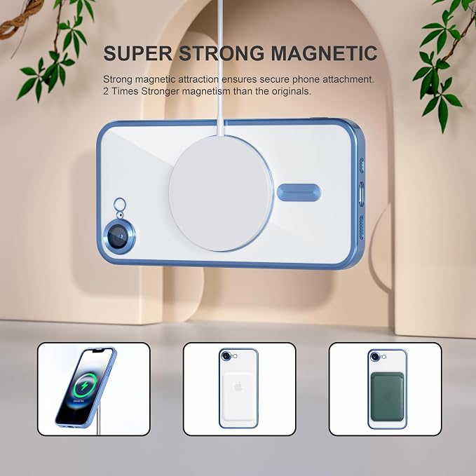 Misea Magnetic for iPhone 17e / 16e Case Compatible with MagSafe [Never Yellowing] [Military Grade Drop Protection] Full Camera Lens Protector Plating Soft Clear Phone Case for Women 6.1", Sierra Blue