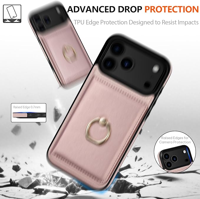 LOHASIC for iPhone 17 Pro Case Wallet with Card Holder, 360° Rotation Ring, RFID Blocking, 5 Card Slots, PU Leather 6.3" Cover for Apple 17 Pro Men Women, Rose Gold