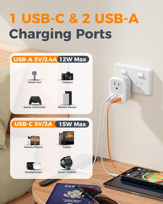 TESSAN Australia New Zealand Power Adapter, 3 Pack, Type I