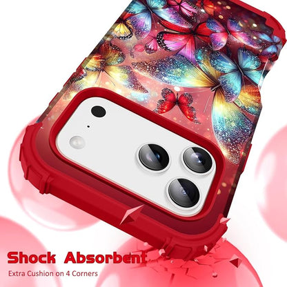 Hocase for iPhone 17 Pro Case 6.3", Heavy Duty Shockproof Protection Soft Silicone Rubber+Hard Plastic Bumpers Hybrid Protective Case for iPhone 17 Pro 2025 - Shimmering Butterflies in Red