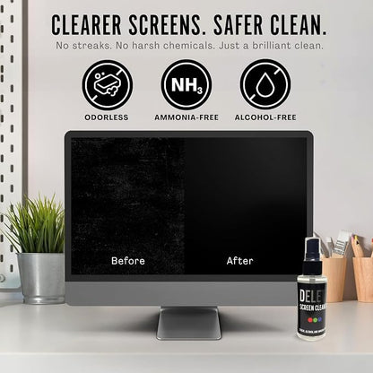 Delete Screen Cleaner Spray Kit, 2 Pack, 2oz Bottle and 2x 6"x6" Microfiber Cleaning Cloth, Streak-Free, Safe and Gentle Formula, Multi-Purpose for Travel, Small TVs, Cameras, Laptops, Phones