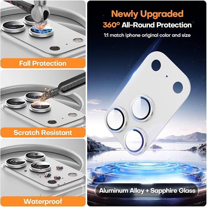 Jeluse Compatible with iPhone 17 Pro Max Camera Lens Protector, Strong Adhesion Full Coverage Metal Aluminum Alloy Ultra Clarity Tempered Glass Camera Screen Protector