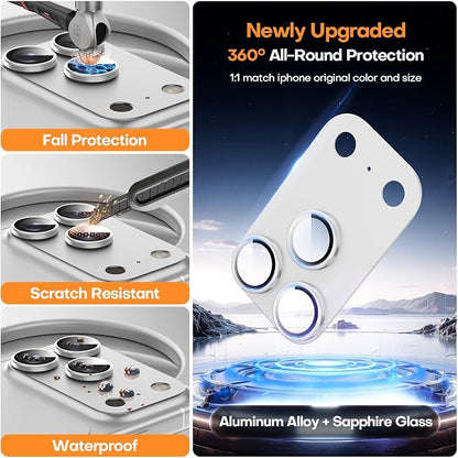Jeluse Compatible with iPhone 17 Pro Max Camera Lens Protector, Strong Adhesion Full Coverage Metal Aluminum Alloy Ultra Clarity Tempered Glass Camera Screen Protector