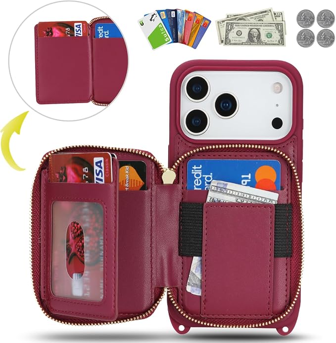 Crossbody Wallet Case for iPhone 17 Pro, PU Leather Zipper Handbag Purse Flip Cover, Kickstand Folio Case with Card Slots Holder Wrist Strap Lanyard 5G 6.3 Inch-Dark red