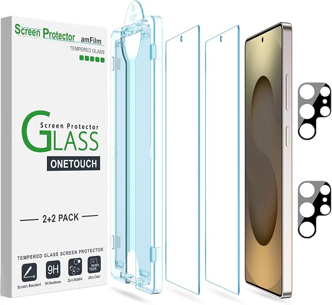 amFilm Auto-Alignment OneTouch for Samsung Galaxy S25 Ultra 6.9" Screen Protector + Camera Lens Protector, Tempered Glass, 30 seconds Installation, Bubble Free, Case Friendly, Anti-Scratch [2+2 Pack]