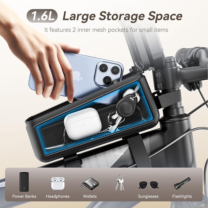 KDD Bike Front Frame Bag with Waterproof Phone Holder, Mountain Cycling Storage Pouch, Handlebar Bag with Phone Mount, Bicycle Accessories for Top Tube, Fit for iPhone 17 Pro Max, Cellphone Under 7''